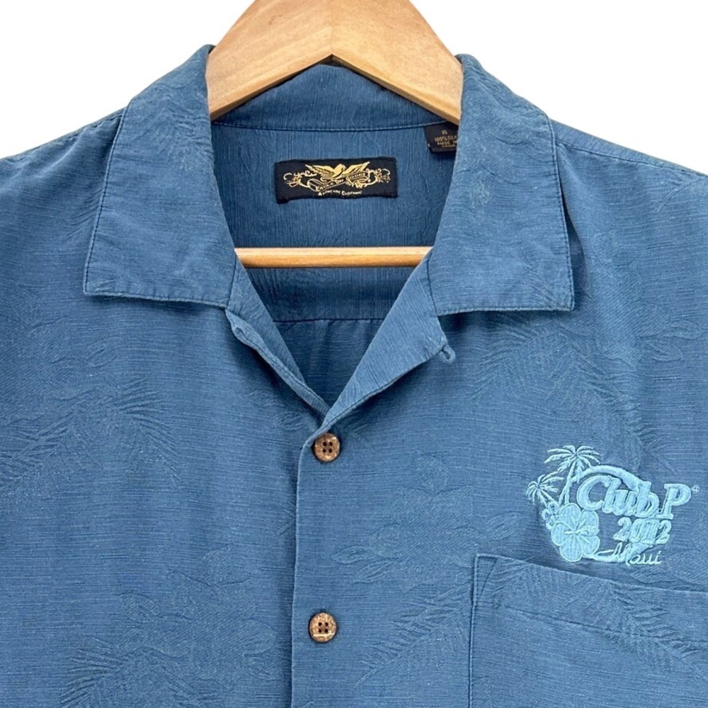2012 Eagle Dry Goods Blue 100% Silk Club Maui Tropical Camp Hawaiian Shirt XL